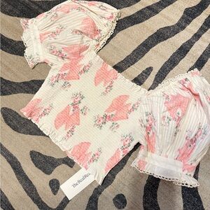 LoveShackFancy Bow Cropped Puff Sleeve Top